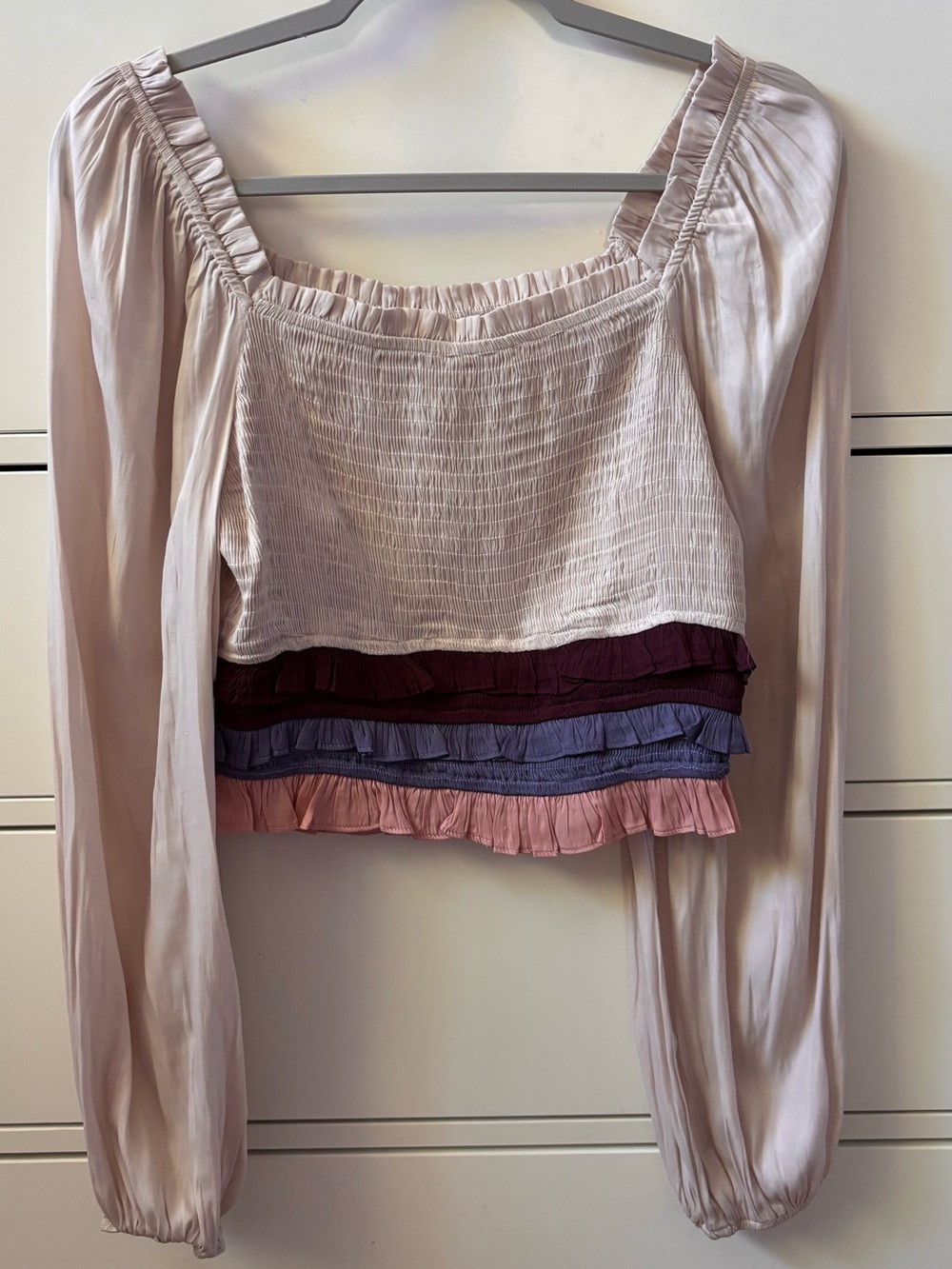 Smocked Square-Neck Long Sleeve Crop Top in Blush with Contrast Ruffles